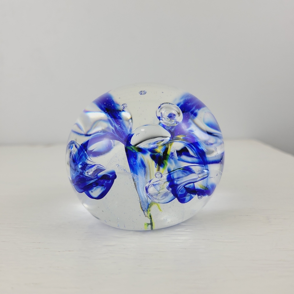 Chalet Art Glass Blue Flag Iris Glass Ball Paperweight